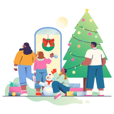 A group of four family members is in the front yard decorating for the holidays. One woman with long brown hair is hanging colorful string lights on a large evergreen tree. A man with short black hair is placing a big red bow on a wreath attached to the front door of the house. Two children, a boy and a girl, are playing with a snowman in the yard, the snowman has a carrot nose and a scarf. Nearby, there are multiple boxes filled with ornaments and decorations scattered on the ground. The sun is shining brightly, casting cheerful shadows on the grass.