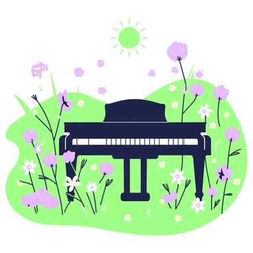 A piano is positioned in the center of a sunny meadow. The piano is black with glossy finishes, reflecting light. Surrounding the piano, there is a vibrant array of wildflowers, including various shapes and sizes. The flowers include tall stalks with delicate petals and smaller blooms scattered across the grassy ground. The sun is shining brightly, casting gentle shadows around the scene. In the background, there are rolling grassy hills that frame the meadow.