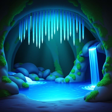 A magical cave interior featuring shimmering stalactites hanging from the ceiling. The stalactites are colored in various shades of blue and green, reflecting light in sparkling patterns. A hidden waterfall cascades down the rocks on one side of the cave, with crystal-clear water flowing into a small pool below. The surrounding walls of the cave are covered in glowing moss, illuminating the space with a soft, ethereal light. The atmosphere feels enchanting, inviting exploration and discovery.