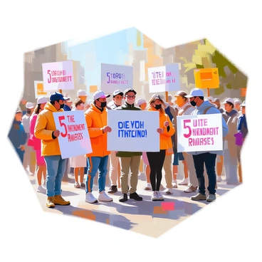 A peaceful protest scene featuring a diverse group of individuals of varying ages and ethnicities holding signs that advocate for the "5th Amendment rights." The signs are decorated with bold letters, highlighting important phrases related to the amendment. The participants are standing together in a public area, expressing their views with determined yet calm expressions. Some individuals are wearing casual clothing, while others are dressed in more formal attire. The background shows a hint of trees and buildings, creating an urban atmosphere.