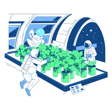 An agricultural farm on a space station features a variety of green plants growing inside transparent cylindrical containers. Astronauts in white suits equipped with helmets are floating around the farm, carefully tending to the plants. One astronaut is using a small tool to check the health of a plant, while another is adjusting the light levels from a panel mounted on the wall. The background shows the curved wall of the space station, with large windows revealing a view of distant stars and a planet outside.