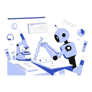 A robot is positioned at a workstation in a sterile laboratory. It has a sleek, metallic body with articulated arms equipped with precision tools. The robot is carefully manipulating a DNA strand, connecting nucleotides with exactitude. Surrounding the robot are various laboratory instruments, including a microscope, test tubes with clear contents, and a digital interface displaying complex data. The background features clean, tiled surfaces and overhead fluorescent lighting, indicating a controlled environment.