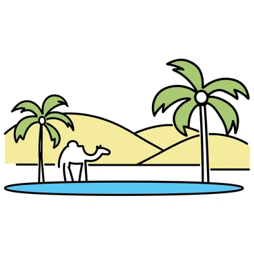 A minimalistic drawing of a peaceful desert oasis. There are two camels standing near a small pool of water. Surrounding them are several tall palm trees with lush green fronds. The background features gentle sand dunes, curving softly in the distance under a clear sky. The scene is devoid of any human presence, emphasizing the tranquility of the oasis.