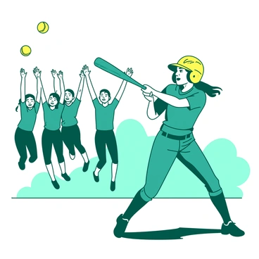 A teal softball batter is in mid-swing, with her bat making contact with a yellow softball, sending it soaring into the air. The batter has a determined expression, wearing a teal uniform and a yellow helmet. In the background, several teammates are jumping in excitement, with their arms raised in cheer. They are wearing matching teal uniforms, displaying their enthusiasm for the home run being hit. The scene captures the moment of triumph on the field.