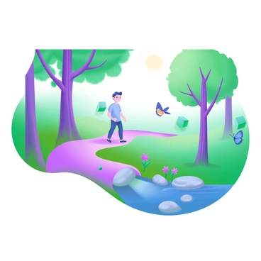 A scenic nature trail winding through lush greenery, dotted with tall trees and blooming wildflowers. The sunlight filters through the leaves, creating a dappled effect on the ground. A lone figure, a parolee, walks along the trail, wearing casual, comfortable clothing. The expression on their face shows a sense of calm and contemplation. Nearby, a small stream gently flows, with smooth stones along its bank. Birds can be seen perched on branches, while a few butterflies flutter around the flowers. The overall atmosphere conveys tranquility and a moment of introspection.