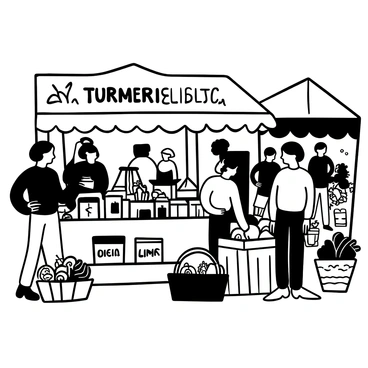 A busy farmers market scene filled with various stalls. In the foreground, there is a stall prominently displaying an assortment of "turmeric products," including jars of turmeric powder, turmeric tea bags, and fresh turmeric roots. Baskets filled with "organic vegetables" surround the stall, while shoppers are engaged in conversation and examining the goods. A sign above the stall reads "Turmeric Delights" in bold letters. The ground is covered with "wooden crates" and "straw," adding to the market atmosphere. Various patterned tablecloths drape over the stalls, creating a lively and inviting setting.
