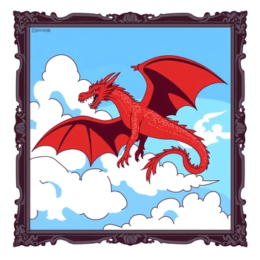 A red mythical dragon with shimmering scales is soaring gracefully through fluffy, white clouds. The dragon has large, outstretched wings that catch the sunlight. Its fierce eyes shimmer with intensity as it glides effortlessly above the clouds. The background shows a clear blue sky, with sunlight breaking through the clouds, highlighting the dragon's majestic form. The illustration is encased within an ornate black frame, emphasizing the intricate details of the dragon's wings and the softness of the clouds.