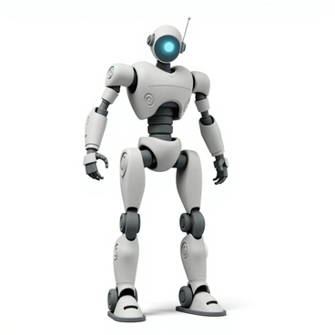 A futuristic robot action figure stands tall with an intricate design, featuring metallic surfaces and jointed mechanical limbs. The figure's eyes emit a bright blue glow, creating a striking contrast against its silvery body. Each limb is articulated with visible gears and circuits, showcasing advanced technology. The robot's stance is dynamic, as if ready for action, with one arm slightly raised and the other positioned at its side. The surface of the figure is detailed with etched patterns and panels, adding depth to its robotic appearance.