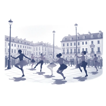 A group of dancers is showcasing their talents in a public square in Paris. The dancers are dressed in a variety of costumes that highlight their movements. Some are executing graceful leaps, while others are performing intricate footwork. The square is surrounded by historic buildings with ornate architecture. A crowd of onlookers is gathered, watching attentively, with expressions of excitement and curiosity. A few people are capturing the moment with their smartphones. Street lamps line the edges of the square, casting shadows on the cobblestone pavement.