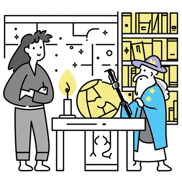 A man dressed in rugged, earth-toned clothing stands in a candle-lit library, his long dark hair flowing over his shoulders as he gazes thoughtfully at a nearby table. Across from him, an elderly wizard with a long white beard and a flowing robe, adorned with stars and moons, gestures with a gnarled staff. The library is filled with tall shelves stacked with ancient books, their spines worn and titles barely visible. Flickering candle flames cast dancing shadows on the stone walls, illuminating the dust motes in the air as the two figures engage in a deep discussion. A large globe sits in the corner, hinting at distant lands and adventures.