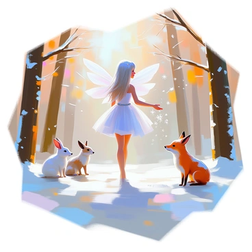 A whimsical winter fairy with delicate wings, adorned in a flowing dress made of shimmering ice crystals, hovers gracefully above a frosted forest clearing. She has long, flowing silver hair that glitters like fresh snow in the sunlight. Her slender fingers are extended as she sprinkles tiny, sparkling snowflakes that dance through the air. The forest surrounding her is filled with tall, snow-laden trees, their branches heavy with frost. In the clearing, the ground is coated in a thick layer of soft, powdery snow, reflecting the gentle light. A few enchanted animals, such as a white hare and a curious fox, peek out from behind the trees, observing the magical scene.