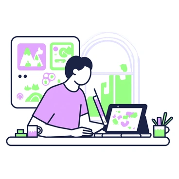 An illustrator is sitting at a desk, focused on working with a digital tablet. The tablet is placed in front of them with a stylus in their right hand. Surrounding the illustrator are various colorful sketches pinned on a board and spread across the desk. Some sketches depict animals, while others illustrate landscapes. A mug filled with green and purple pens sits to the side of the tablet. In the background, a window allows natural light to illuminate the workspace.