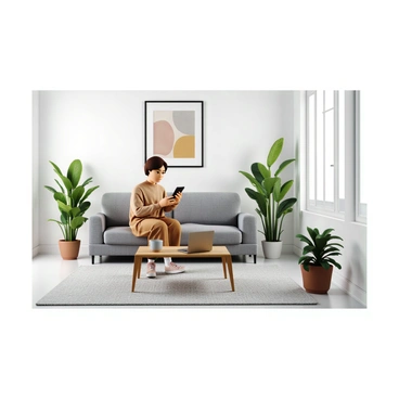 A person with light skin and short brown hair is sitting on a sleek, gray sofa in a modern, minimalistic apartment. They are holding a smartphone in one hand, focusing on the screen as they make a mobile bank transaction. The apartment features large windows with natural light streaming in, illuminating the space. There is a small wooden coffee table in front of the sofa, holding a minimalistic ceramic mug and a laptop. The walls are painted white, and there are a few potted plants adding a touch of greenery to the decor. A large abstract painting hangs above the couch, enhancing the contemporary aesthetic of the room.