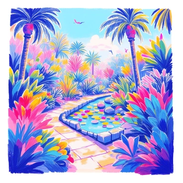A scenic view of a botanical garden showcases a variety of colorful and exotic plants. There are tall palm trees swaying gently, surrounded by bright flowering shrubs in shades of red, yellow, and purple. A winding stone path leads through the garden, with lush green ferns and large-leaved tropical plants lining the sides. In the center, a small pond is filled with vibrant water lilies and surrounded by smooth rocks. Birds can be seen perched on the branches, adding to the lively atmosphere. The sky is clear, allowing sunlight to illuminate the vibrant colors of the flora.
