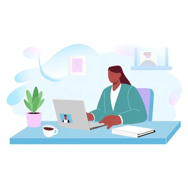 A professional is seated at a desk in a home office setup, wearing a smart-casual outfit. The workspace is equipped with a laptop open in front of the individual, displaying a video call interface. There is a plant on the desk, adding a touch of greenery, and a stack of notebooks is neatly arranged beside a cup of coffee. A soft light is illuminating the area, creating a comfortable atmosphere for the meeting. A framed picture is visible on the wall behind the professional, contributing to the homey feel of the environment.