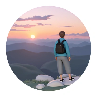 A hiker, wearing a blue jacket, gray pants, and a black backpack, stands at a rocky viewpoint. The hiker has short brown hair and is gazing out over a vast landscape that includes rolling hills and distant mountains. The sky is filled with warm colors of orange, pink, and purple as the sun sets on the horizon. The foreground features scattered boulders and patches of grass, while the background showcases the expansive scenery transitioning from vibrant sunset hues to darker shades of blue.