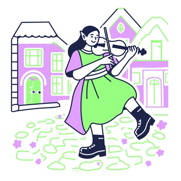 An elf with pointed ears and long flowing hair is playing a fiddle while dancing on a cobblestone street. The elf is wearing a colorful tunic with a belt and ankle boots. The cobblestones beneath the elf's feet are irregularly shaped and textured, creating a lively scene. Small flowers are scattered among the cobblestones. In the background, quaint buildings with wooden beams and thatched roofs create a charming atmosphere. The elf's expression is joyful as they focus on their music, with their feet gracefully moving in rhythm.