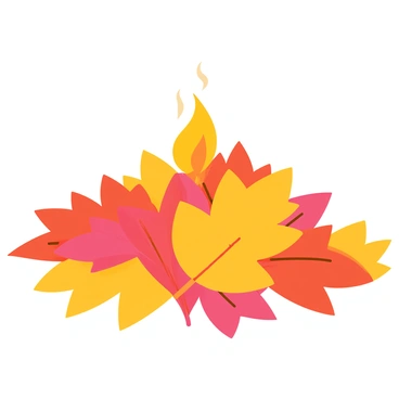 A pile of colorful autumn leaves in vibrant shades of orange, red, and yellow. The leaves are arranged haphazardly, creating a textured surface. At the very top of the pile, a small flame flickers gently, casting a warm glow on the surrounding leaves. The flame is contained and appears to dance lightly in the breeze, contrasting with the earthy tones of the leaves beneath it.