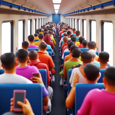 A crowded local train in Mumbai filled with passengers. People of various ages and backgrounds are standing close together, some holding onto overhead straps for balance. The train interior is brightly lit, showcasing the colorful clothes of the commuters. A few individuals are sitting in the available seats, engrossed in their mobile phones or chatting with each other. The windows are slightly fogged, and the bustling energy of the morning commute is palpable. The atmosphere is vibrant and dynamic, with the sound of conversations and the train's movement creating a lively environment.