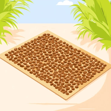 A large mat covered with brown coffee beans. The coffee beans are spread out evenly, showcasing their glossy surface. Sunlight casts shadows on the mat, creating a contrast between bright and shaded areas. Surrounding the mat, green foliage and a clear blue sky are visible, indicating a warm, sunny day. The scene captures the essence of the coffee drying process in an outdoor setting.