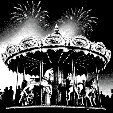 A vintage carousel with intricately painted horses is prominently displayed in the foreground. The carousel is adorned with ornate details, including colorful lights and decorative patterns on its canopy. Above the carousel, "fireworks" are bursting in various shapes and sizes, filling the night sky. The background features a sense of excitement and joy from the celebration, with silhouetted figures of people enjoying the scene. The entire composition has dynamic movement, capturing the festive atmosphere.
