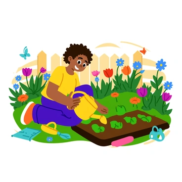 A young child with curly hair is kneeling on the soft soil of a vibrant community garden. The child is holding a small watering can with a bright yellow handle, pouring water onto a row of green seedlings. Surrounding the child are a variety of colorful flowers in full bloom, including red tulips, blue daisies, and orange marigolds. Garden tools, such as a small spade and a trowel, are scattered nearby. In the background, a wooden fence is painted in cheerful colors, and a few butterflies flutter around the garden, adding to the lively atmosphere.