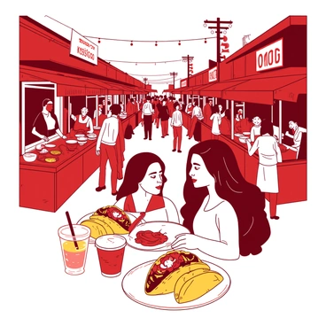 A red street food fair is bustling with crowds of people enjoying a variety of cuisines. Stalls line the sides, each adorned with colorful awnings and vibrant signage featuring enticing food names. People of all ages are gathered around the stalls, sampling dishes and chatting with vendors. In the foreground, a group of friends shares a large plate of yellow tacos topped with fresh ingredients. Nearby, another vendor is serving orange bubble tea, with customers eagerly waiting in line. The scene captures the lively atmosphere, filled with laughter and the aroma of delicious food wafting through the air.