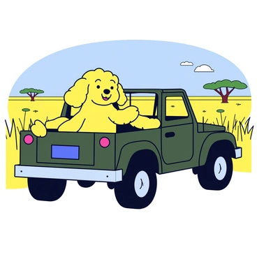 A goldendoodle with fluffy golden fur is sitting excitedly in the back of an open jeep. The jeep is a rugged vehicle with a dark green exterior, designed for safari adventures. The savannah landscape stretches out in the background, featuring tall golden grasses and a few scattered acacia trees. In the distance, a clear blue sky adds to the vibrant scene. The goldendoodle's ears flap in the wind as the jeep moves, capturing the spirit of adventure in the wild.