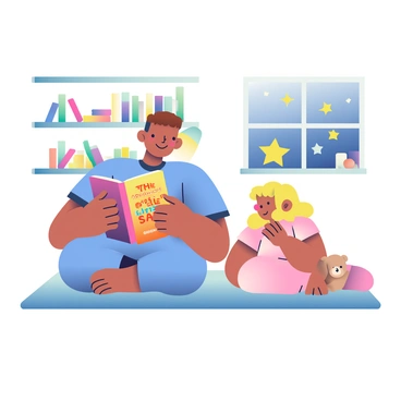 A big brother with short brown hair is sitting on a soft, plush rug in a cozy room. He is wearing a blue t-shirt and pajama pants. In his hands, he holds a colorful storybook titled "The Adventures of the Little Star," and he is reading aloud with an engaging expression. His younger sibling, a girl with curly blonde hair, is sitting next to him, wearing pink pajamas and listening intently. The room is warmly lit by a bedside lamp, and there are shelves filled with books and toys in the background. A teddy bear is resting beside the little girl, and a window reveals a starry night sky outside.