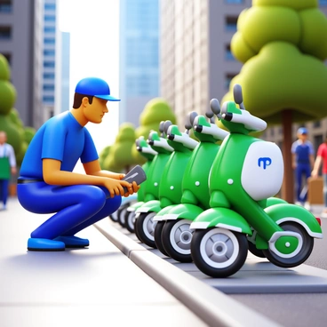 A maintenance worker in a blue uniform is squatting beside a row of bright electric scooters parked on a city sidewalk. The worker is holding a toolkit in one hand and examining the wheels of one of the scooters closely. The scooters are mostly green and white with various logos. The background features tall buildings and a few trees, along with pedestrians passing by. The scene is set during the day with clear skies and sunlight illuminating the area.