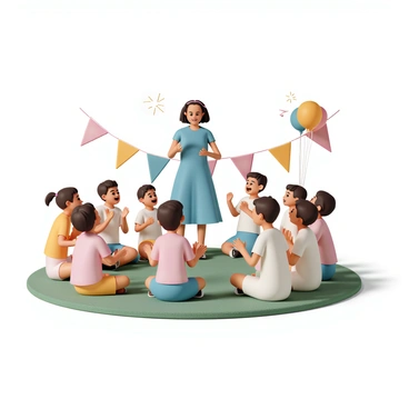 A group of young children, wearing colorful t-shirts and shorts, are gathered in a circle on a soft, green grassy area. They are smiling and energetically singing while clapping their hands in rhythm. Some children are standing, while others are sitting cross-legged. A cheerful teacher, wearing a bright blue dress, is leading the assembly, encouraging the kids with her animated gestures. Brightly colored banners and balloons are decorating the background, adding a festive atmosphere to the scene. The sun is shining, casting warm light on the joyful faces of the children as they participate enthusiastically in the morning assembly.
