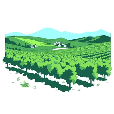An expansive vineyard stretches across gentle rolling hills under a clear sky. The lush green grapevines are neatly organized in rows, with clusters of grapes hanging from the vines. In the distance, there are a few small white farmhouse structures nestled among the hills, surrounded by patches of wildflowers. The sunlight casts soft shadows on the ground, highlighting the curves of the hills and the vibrant green of the leaves.