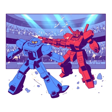 Two large, armored mechs are locked in combat within a futuristic arena. The first mech, painted in a dominant blue color, has a sleek and angular design, featuring illuminated panels and various weaponry mounted on its arms. The second mech, designed in a contrasting red color, is bulkier, with reinforced plating and heavy armaments visibly ready for action. The arena is filled with vibrant energy, with crowds of spectators cheering wildly from elevated stands. Bright artificial lights illuminate the scene, creating an exciting atmosphere as sparks fly from the mechs' clashing weapons. Dust and debris swirl around them as they engage in this fierce battle.
