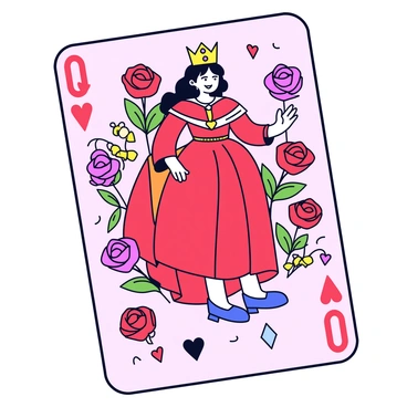 A whimsical queen of hearts playing card featuring a regal woman with a crown adorned with jewels. She has a flowing red dress with gold accents, and her long hair cascades elegantly. Surrounding her are vibrant red and pink roses with lush green leaves. Scattered around the bottom of the card are small playing cards, showcasing hearts and diamonds, adding to the playful theme. The background is a soft pastel color to enhance the whimsical feel of the design.