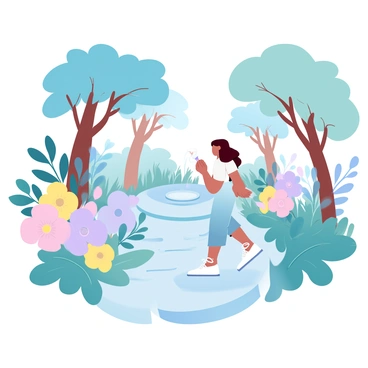 An artist is walking through a botanical garden filled with a variety of vibrant flowers and lush greenery. The artist is wearing a light, casual outfit and holding a sketchbook and pencil in one hand. Surrounding the artist are colorful blooms in shades of pink, yellow, and blue. Tall trees provide shade and create a serene atmosphere. A stone pathway winds through the garden, leading to a small fountain at the center, surrounded by plants. The scene exudes a peaceful ambiance, perfect for gathering inspiration.