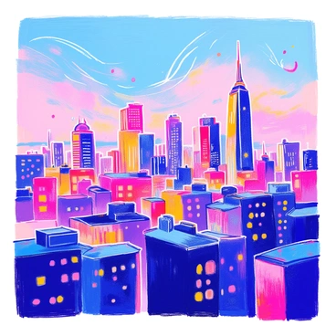 A stylized silhouette of a cityscape with abstract elements in the background
