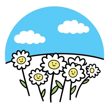A field of white daisies with yellow centers, each flower featuring a smiling face. The flowers are swaying gently in a light breeze, showcasing their delicate petals. Above, a bright blue sky stretches endlessly, dotted with a few fluffy white clouds. The scene captures a sense of joy and movement as the daisies dance together in the sunlight.