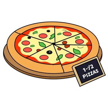 A large pizza with a golden-brown crust is placed on a wooden pizza board. The pizza is topped with a generous layer of melted cheese and a colorful array of toppings, including pepperoni slices, green bell peppers, and black olives. There are a total of twelve slices, with six slices completely removed to represent one and a half pizzas. The remaining six slices are arranged neatly around the center of the pizza. Each slice is outlined, and there is a clear visual gap where the slices have been taken, emphasizing the concept of an improper fraction. A small chalkboard beside the pizza displays the phrase "1 ½ Pizzas" in bold white lettering.