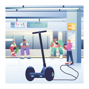 A segway with a sleek black frame is positioned at an underground subway station platform. The segway is plugged into a charging station on the side, indicated by a small green light showing it is charging. The platform has polished concrete floors and overhead bright fluorescent lights illuminating the area. In the background, subway train tracks are visible, with a train approaching, creating a sense of motion. Various signs hang from the ceiling, providing information about train schedules, while a few commuters are waiting on the platform, some looking at their smartphones.