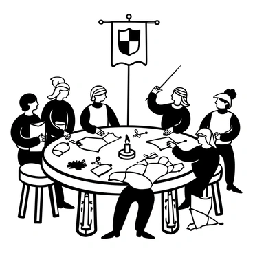 A group of knights in full armor gathered around a large round table covered with a detailed map. Each knight is holding a piece of parchment, pointing at various locations on the map with their gloved hands. The table is adorned with intricate carvings and a few scattered quills and inkpots. The knights exhibit different styles of armor, some with ornate designs and others more simplistic. A large banner hangs in the background, depicting a coat of arms. A flickering candle is placed at the center of the table, casting shadows across the map.