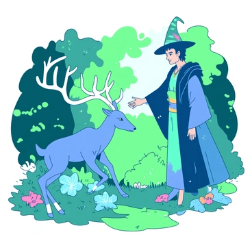A magical explorer with flowing blue robes and a wide-brimmed hat stands in a vibrant green forest clearing. The explorer has an expression of wonder, with sparkling eyes that reflect the sunlight filtering through the leaves. In front of the explorer, a majestic guardian spirit takes the form of a large, ethereal deer with glowing white antlers. The spirit's body is surrounded by a soft, shimmering aura, and its eyes are wise and inviting. Surrounding them, the forest is alive with colorful flowers and lush greenery, creating an enchanting atmosphere. The explorer reaches out a hand as if accepting a gesture of friendship from the spirit, who bows its head slightly in return.