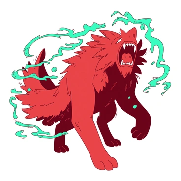 A red Kurama, the Nine-Tails, stands prominently with its mouth wide open, letting out a fierce roar. Its nine bushy tails swirl dynamically around its body, each tail radiating with a powerful turquoise chakra energy. The air is filled with a vibrant display of swirling chakra, creating an intense atmosphere around the creature. The background is a blur, emphasizing Kurama's fierce expression and the energy emanating from its body.