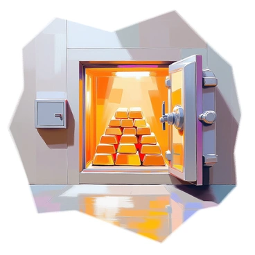 Stacks of shiny gold bars are neatly arranged in rows inside a secure bank vault. The vault is illuminated by soft overhead lights, highlighting the gleaming surfaces of the bars. The walls of the vault are made of reinforced steel, and the heavy door is closed, featuring a complex locking mechanism. There are a few safety deposit boxes positioned along one wall, adding to the sense of security within the space. The floor is polished concrete, reflecting the bright glint of the gold.
