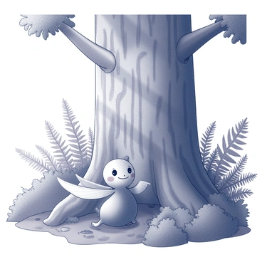 A tiny cupidon with delicate wings is peeking playfully from behind a large, textured tree trunk. The tree has a wide, sturdy bark with intricate patterns, and its branches are adorned with lush leaves. Surrounding the tree is a dense forest filled with various plants, ferns, and underbrush, creating a sense of depth and mystery. Sunlight filters through the foliage, casting dappled shadows on the ground. The cupidon has a cheeky expression, with a slight smile on its face, as it hides, ready to dart away at any moment.