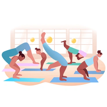 A spacious yoga studio with wooden floors and soft lighting. Several attendees are practicing yoga poses while balancing "fried eggs" on their heads. One person is in a tree pose, with one leg bent and foot pressed against the inner thigh of the opposite leg. Another individual is in a warrior pose, arms extended outwards, holding the fried egg steady. A third participant is attempting to maintain a downward-facing dog position, with the fried egg delicately perched. Yoga mats in various colors cover the floor, and there are large windows letting in warm, natural light.