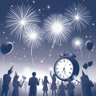 A night sky filled with numerous fireworks bursting in various shapes and sizes. The explosions create a dramatic display of light against the dark backdrop. Below, a diverse crowd of people is gathered, some holding sparklers while wearing party hats and holding drinks. In the foreground, a large clock shows the time nearing midnight, with various decorations like balloons and streamers enhancing the celebratory atmosphere. The scene captures the excitement and joy of a New Year's Eve celebration.