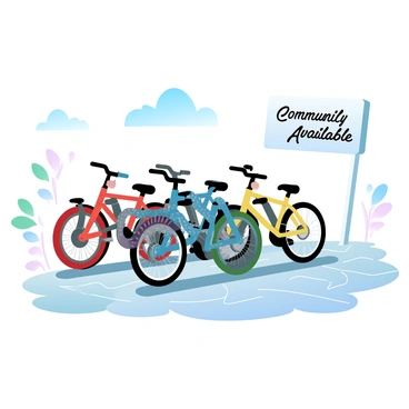 A row of bicycles in various bright colors such as red, blue, green, and yellow is lined up neatly on a bike rack. Each bike features unique designs, with some having patterns on the frames and others with different types of handlebars. The setting includes a sunny day with clear blue skies, and the ground is paved with grey stone tiles. Small plants with green leaves are visible in the background, adding a touch of nature to the scene. A sign nearby indicates "Community Bikes Available" in bold letters, and a few people can be seen approaching the bikes, ready to ride.