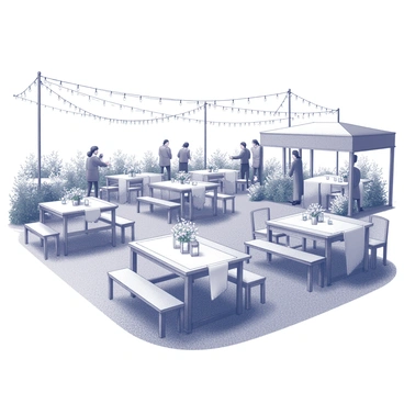 An outdoor wedding reception set in a lush garden. Vintage wooden tables are arranged neatly across the lawn, each elegantly decorated with floral centerpieces and white tablecloths. String lights are draped above, creating a warm ambiance that fills the space. Guests can be seen mingling and enjoying the atmosphere, with chairs surrounding the tables, and small lanterns placed on each one, adding to the enchanting setting. The garden is filled with various plants and flowers, providing a vibrant backdrop for the celebration.