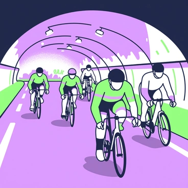 A group of cyclists is racing through a long tunnel that is dimly lit with lights along the sides. The tunnel has a curved ceiling and the ground is smooth asphalt. The cyclists are wearing streamlined helmets and colorful cycling jerseys, with their bicycles featuring sleek designs. The echo of their tires can be heard as they speed past, creating a sense of motion. The walls of the tunnel are textured, with occasional patches of roughness and graffiti, adding to the atmosphere. The light casts elongated shadows of the cyclists, enhancing the dynamic feel of the race.
