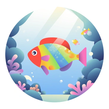 A colorful rainbow fish with vibrant scales is swimming through a mystical underwater grotto. The fish has a sleek body with a blend of red, orange, yellow, green, blue, and purple hues shimmering in the light. Surrounding the fish, the grotto features rock formations with soft, glowing coral in shades of pink and purple. Bubbles are rising to the surface, and schools of small fish are darting playfully around the rainbow fish. Sunlight beams filter through the water, creating a serene ambiance in the underwater scene.